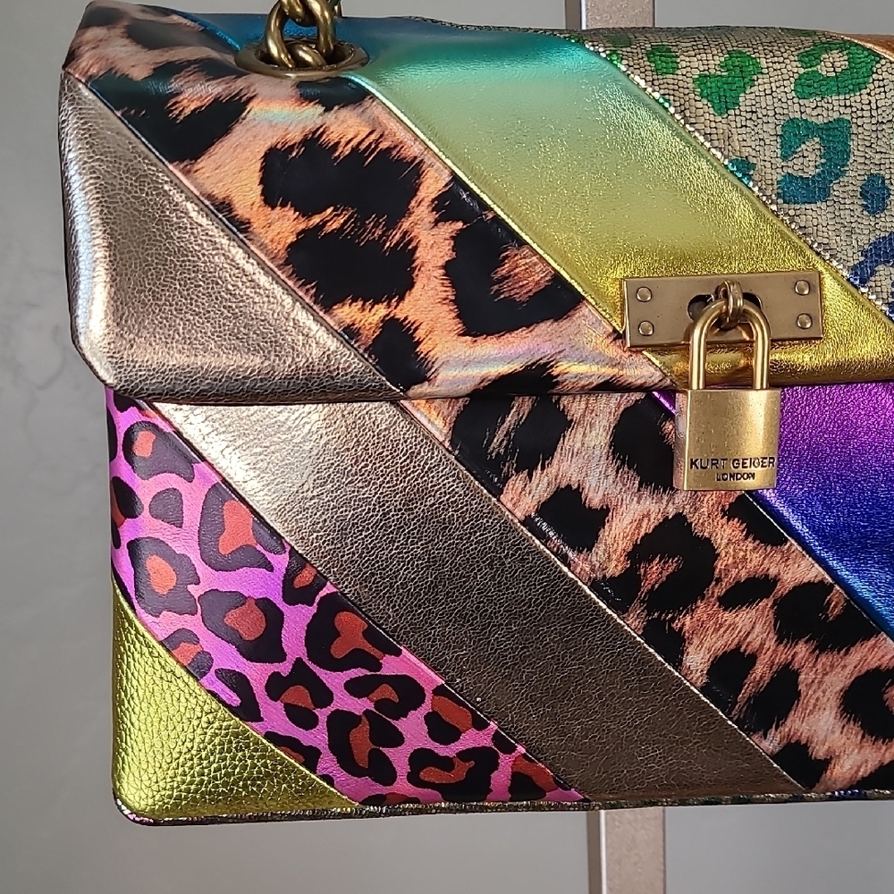 Kurt Geiger Brixton Lock Gold Rainbow Multi-Color Metallic Leather Bag Purse - Picture 3 of 16